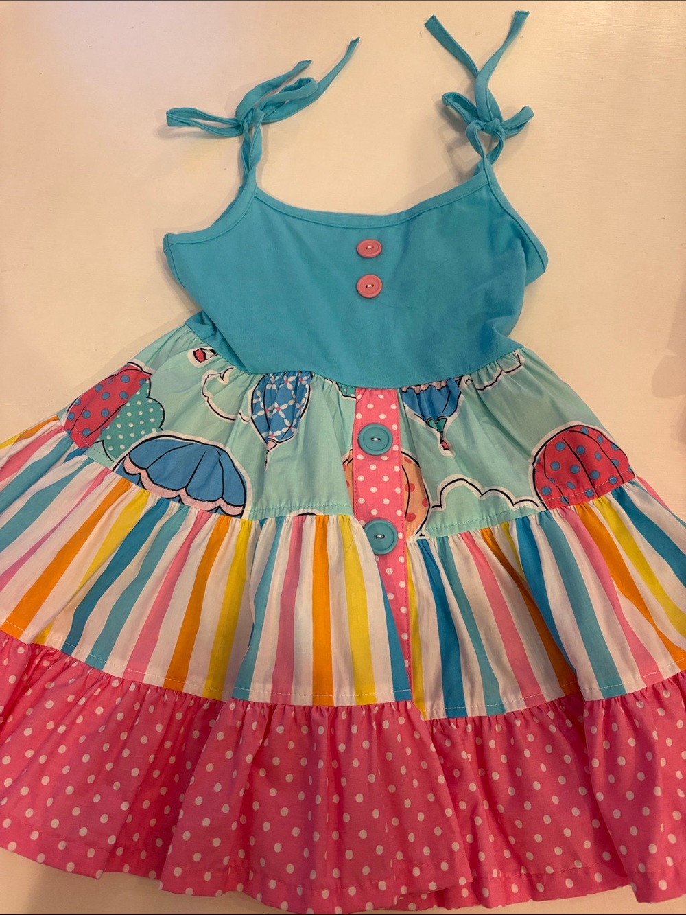 Eleanor Rose Turquoise, Pink & Yellow Striped Summer Dress s: 5/6